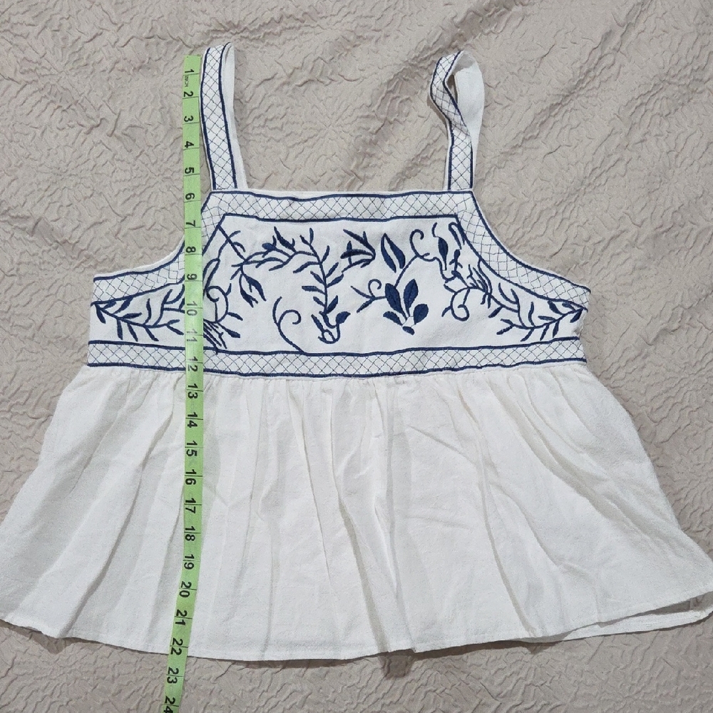 White Summer Tank with Blue Embroidery